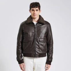 Blouson En Cuir Col Moutonné Amovible -Magasin De Vêtements De Mode 1002707 17505 V2